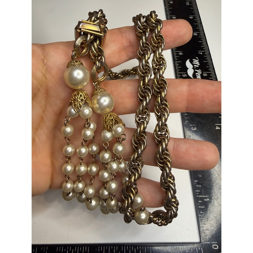 Vintage Gold Tone Rope Chain Lariat Necklace Faux Pearl Filigree Tassel Jewelry
